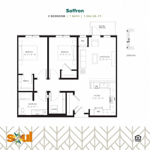 Floor plan for 2 beds, 1 bath, 1006 sqft