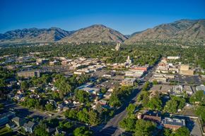 Logan townhouse for rent - aerial view of a Logan with mountains