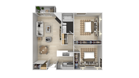 Floor plan for 2 beds, 1 bath, 847 sqft