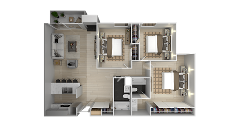 Floor plan for 3 beds, 2 baths, 1135 sqft