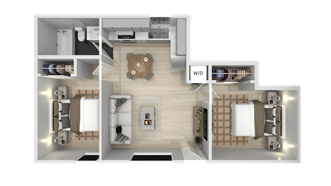 Floor plan for 2 beds, 1 bath, 603 sqft