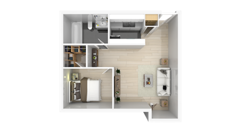 Floor plan for 1 bed, 1 bath, 652 sqft