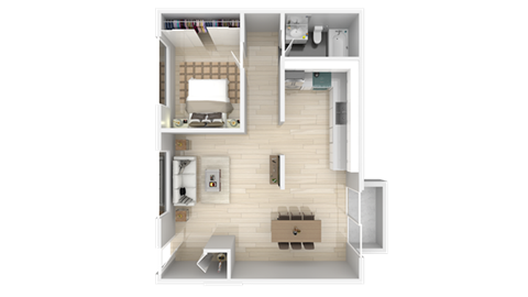 Floor plan for 1 bed, 1 bath, 668 sqft