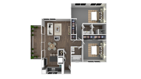 Floor plan for 2 beds, 2 baths, 850 sqft