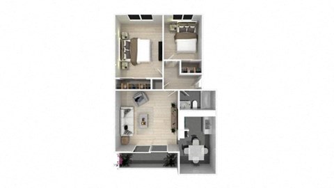 Floor plan for 2 beds, 1 bath, 850 sqft