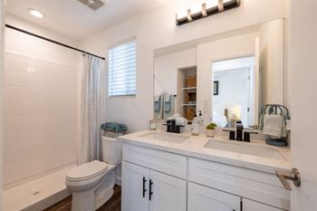 A bathroom with a sink and a toilet and a shower