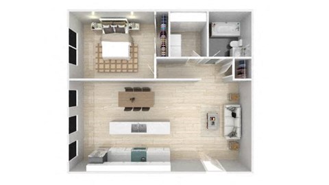Floor plan for 1 bed, 1 bath, 690 sqft