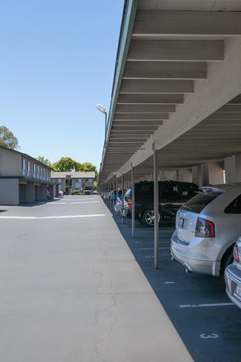A row of cars parked in a parking garage