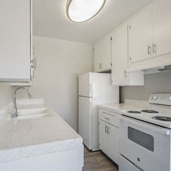 A kitchen with a stove and a sink and a refrigerator