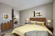 San Diego apartment for rent - a bedroom with a bed and a yellow and white comforter at La Jolla Blue, California, 92122