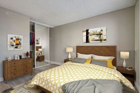 San Diego apartment for rent - a bedroom with a bed and a yellow and white comforter at La Jolla Blue, California, 92122
