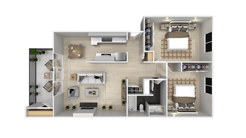 Floor plan for 2 beds, 1 bath, 970 sqft