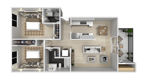 Floor plan for 2 beds, 2 baths, 970 sqft