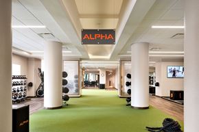 New York apartment for rent - A gym with a green floor and a sign that says at One West, New York, New York