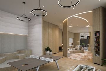 New York apartment for rent - A modern living room with a large table and a bookshelf.