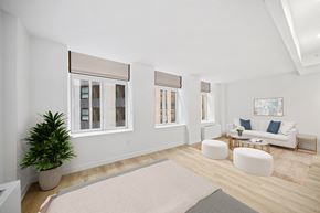 New York apartment for rent - A living room with a white couch, a potted plant, and a rug at Aria, New York, 10038