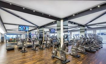 A gym with cardio machines and weights on a wooden floor