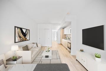 New York apartment for rent - A modern living room with a large painting on the wall and a flat screen TV mounted above a cabinet.