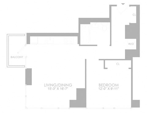 Floor plan for 1 bed, 1 bath, 700 sqft