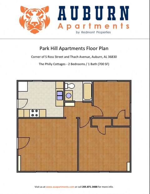Floor plan for 2 beds, 1 bath, 700 sqft