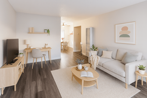 Concord apartment for rent - A living room with a grey couch, a wooden coffee table, and a television.