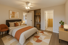 Hayward apartment for rent - A bedroom with a large bed and a ceiling fan.