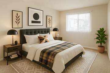 Concord apartment for rent - A bedroom with a large bed and a potted plant.
