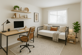 Concord apartment for rent - A room with a bed, desk, and chair.