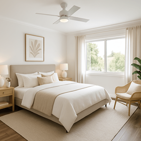 Hayward apartment for rent - A bedroom with a large bed, a chair, and a ceiling fan.