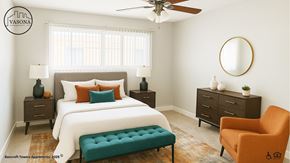 San Leandro apartment for rent - A bedroom with a bed, two nightstands, a bench, and a chair.