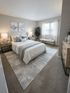 Concord apartment for rent - A bedroom with a large bed, a bench, and a window.