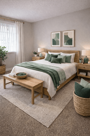 Livermore apartment for rent - A bedroom with a bed, nightstands, and a plant.