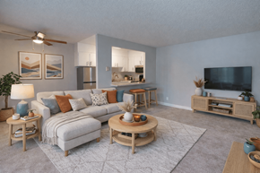 Livermore apartment for rent - A living room with a grey couch, a wooden coffee table, and a television.