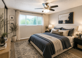 Fremont apartment for rent - A bedroom with a large bed and a ceiling fan.