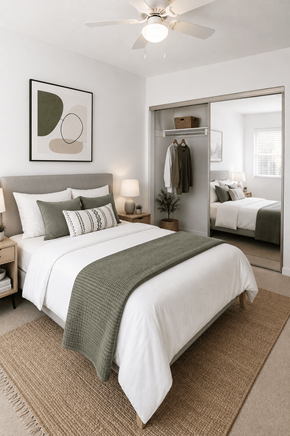 Concord apartment for rent - A bedroom with a large bed and a mirrored closet door.