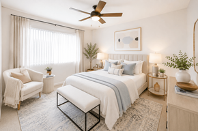 Hayward apartment for rent - A bedroom with a large bed, a chair, and a ceiling fan.