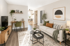 Concord apartment for rent - A living room with a white couch, a coffee table, and a television.