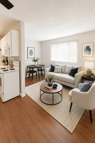 Concord apartment for rent - A living room with a white couch, a coffee table, and a kitchen area in the background.