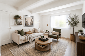 San Leandro apartment for rent - A living room with a white couch, a green armchair, and a coffee table.