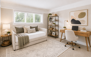 Pleasant Hill apartment for rent - A cozy bedroom with a bed, desk, and chair.
