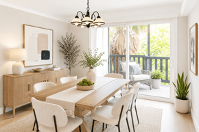 Pleasant Hill apartment for rent - A dining room with a wooden table and chairs.