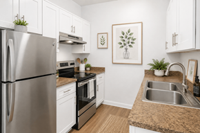 Fremont apartment for rent - A modern kitchen with a stainless steel refrigerator and a sink.