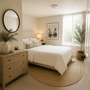 Concord apartment for rent - A bedroom with a bed, nightstand, and a plant.