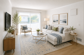 San Leandro apartment for rent - A living room with a white couch, a coffee table, and a TV on the wall.