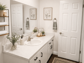 San Leandro apartment for rent - A bathroom with a white sink and a mirror above it.