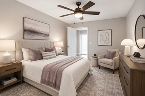 Concord apartment for rent - A bedroom with a bed, chair, and ceiling fan.