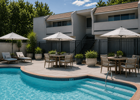 Concord apartment for rent - A pool with a table and chairs around it.