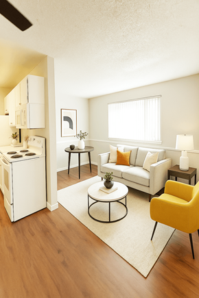 Concord apartment for rent - A white fridge is in a kitchen next to a white sofa.