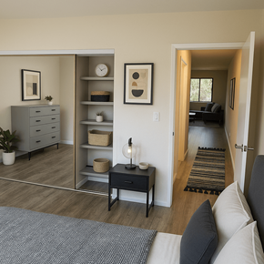 San Jose apartment for rent - A living room with a grey couch and a black and white rug.