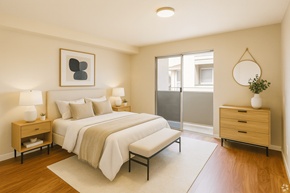 San Jose apartment for rent - A bedroom with a bed, nightstands, and a plant.